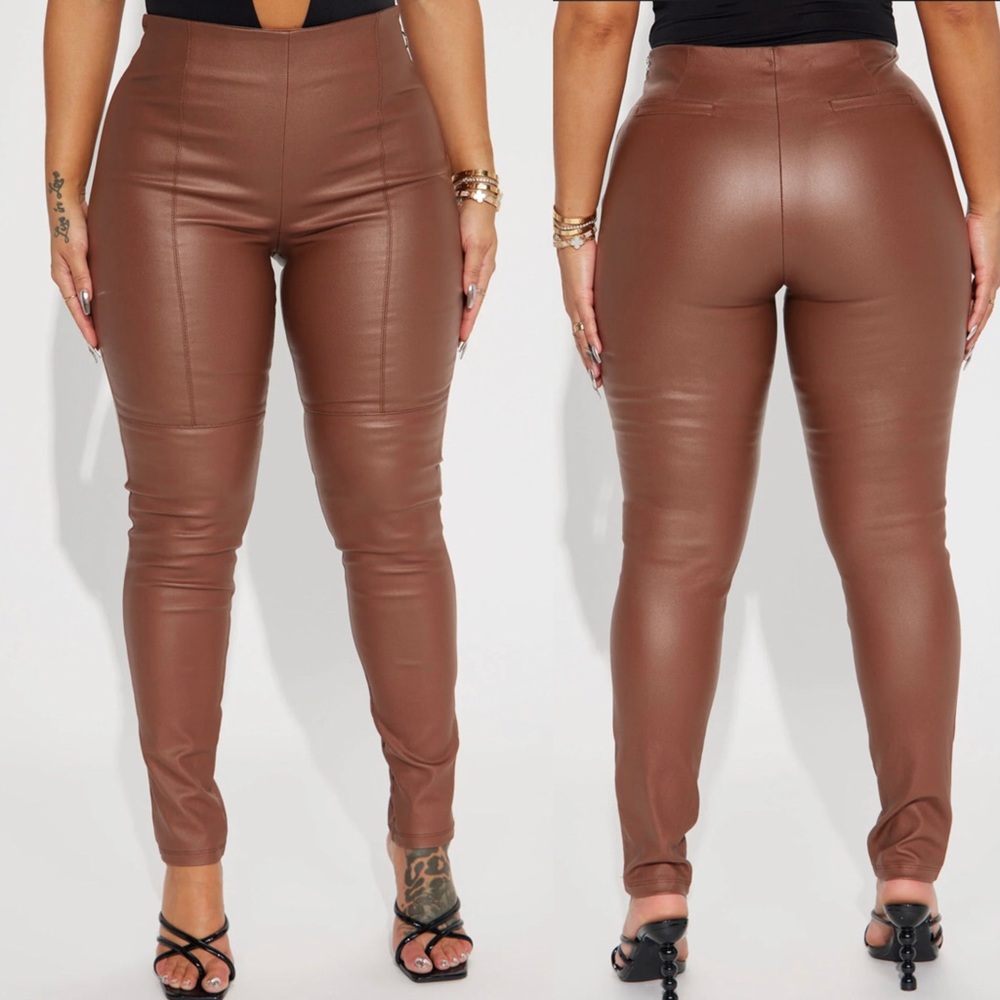 NEW Faux Leather High Rise Side Zipper Stretch Skinny Pant Chocolate Brown Small